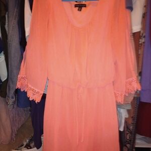 Chic Coral Dress with Lace Trim